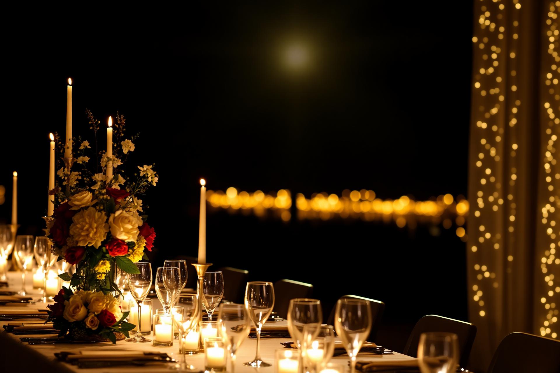 Cinematic luxury event setup with candlelight and floral centerpiece